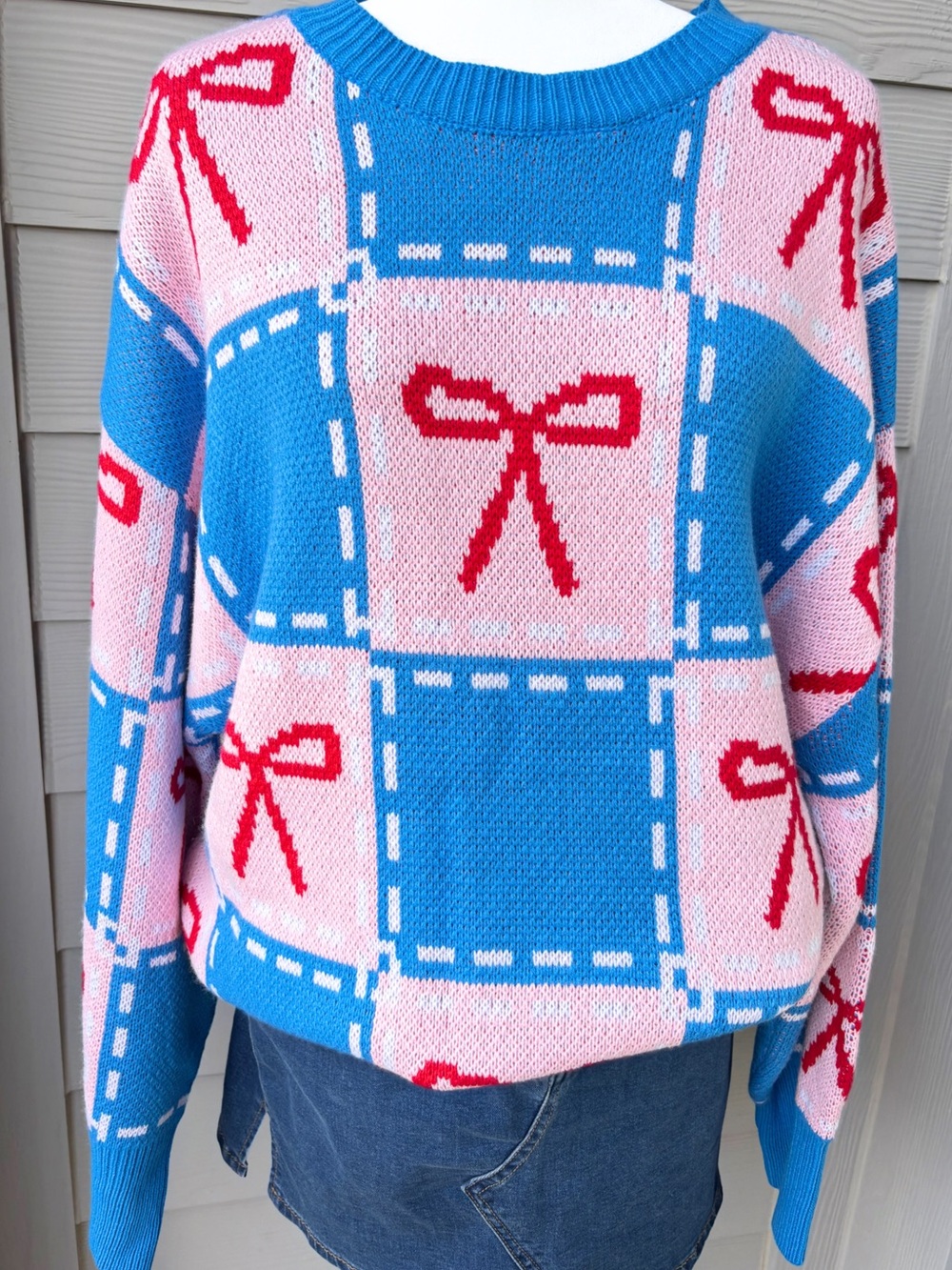 Sugarlips Blue, Pink & Red Bow-Print Crewneck Sweater NWT